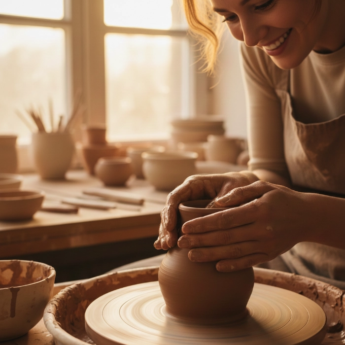 Potter shaping clay on a pottery wheel
